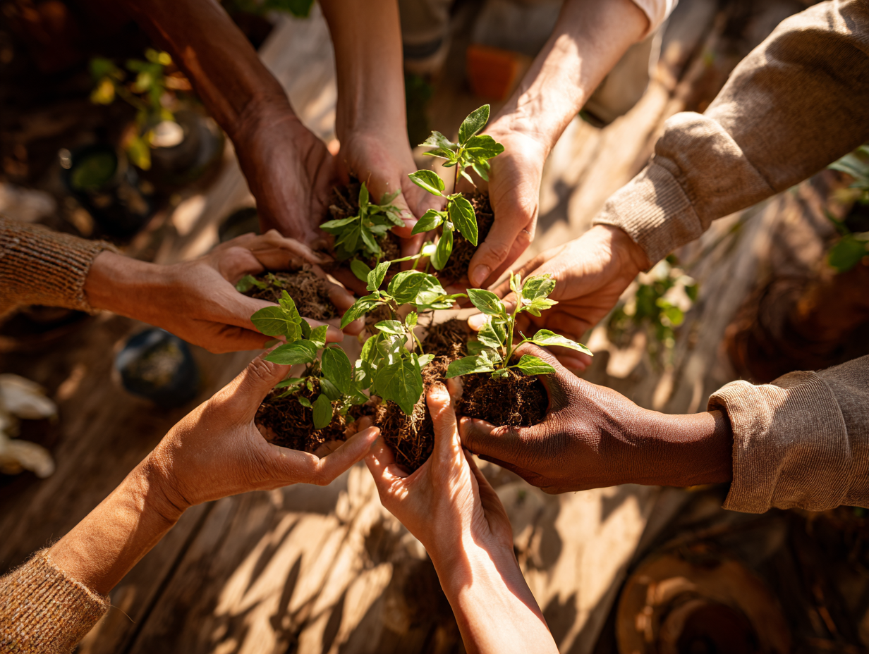 Circle of diverse hands passing plant cuttings around