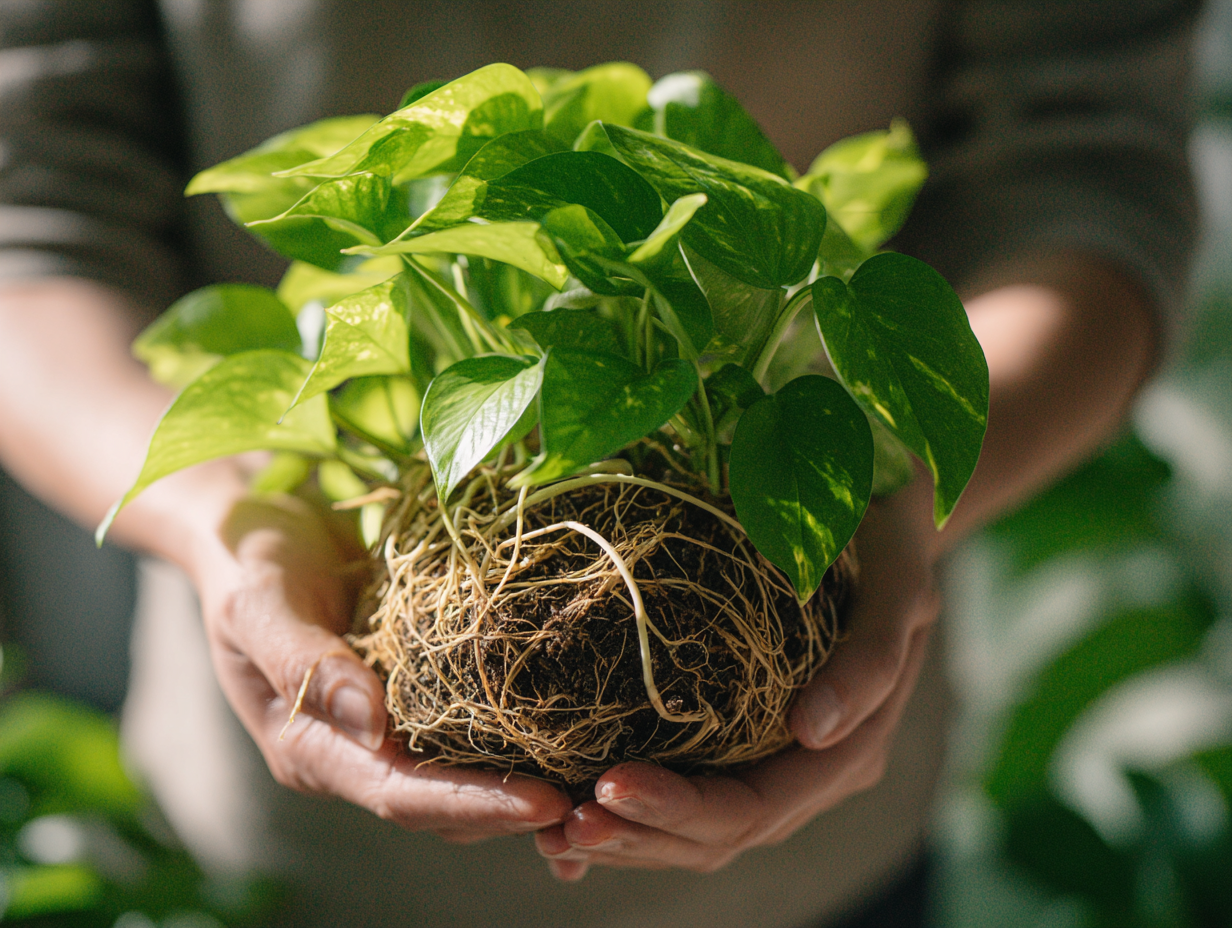 Hands holding a healthy pothos cutting