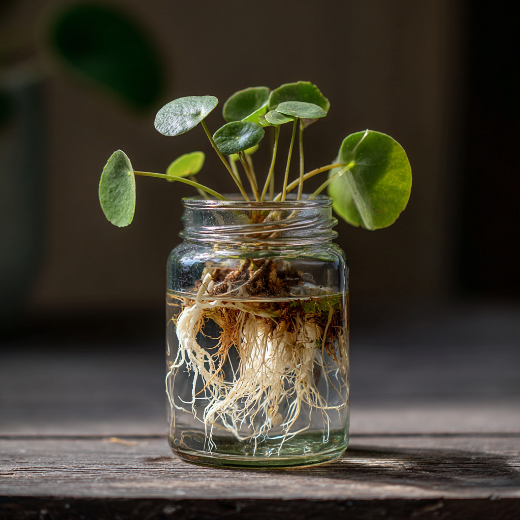 Plant cutting developing roots in water