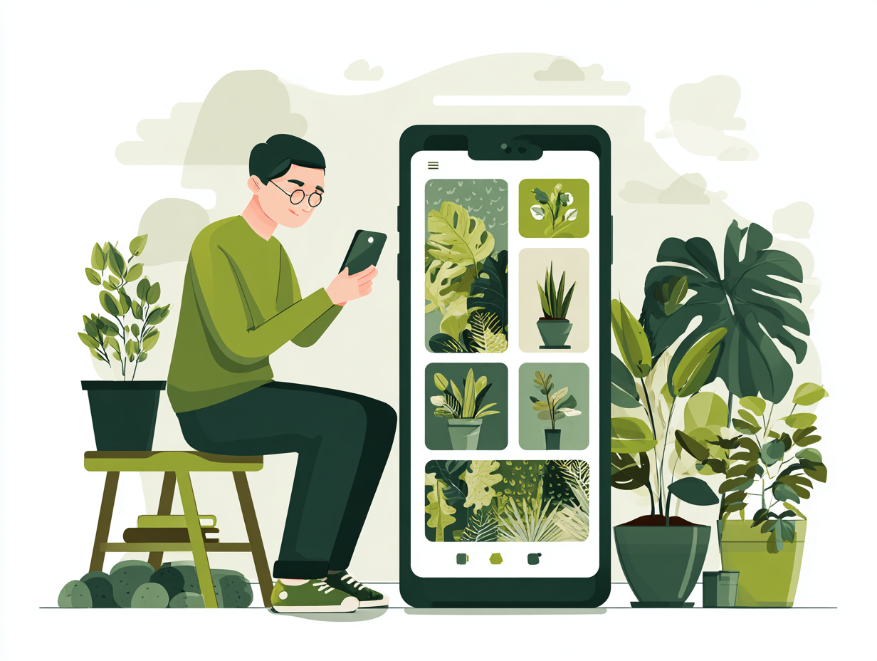 Smartphone showing plant trading app surrounded by real plants