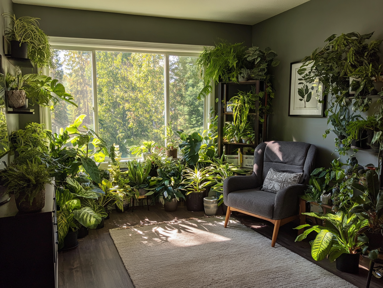 Thriving indoor plant jungle corner of home
