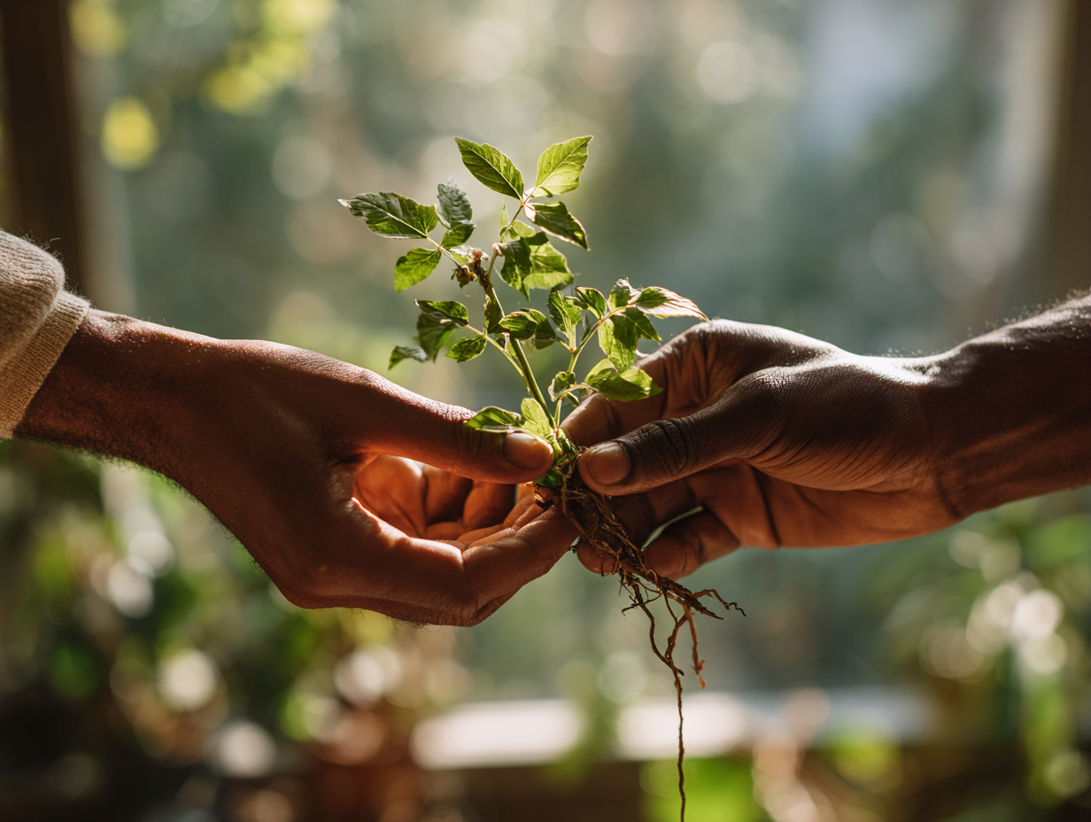 Two hands exchanging a beautiful plant cutting